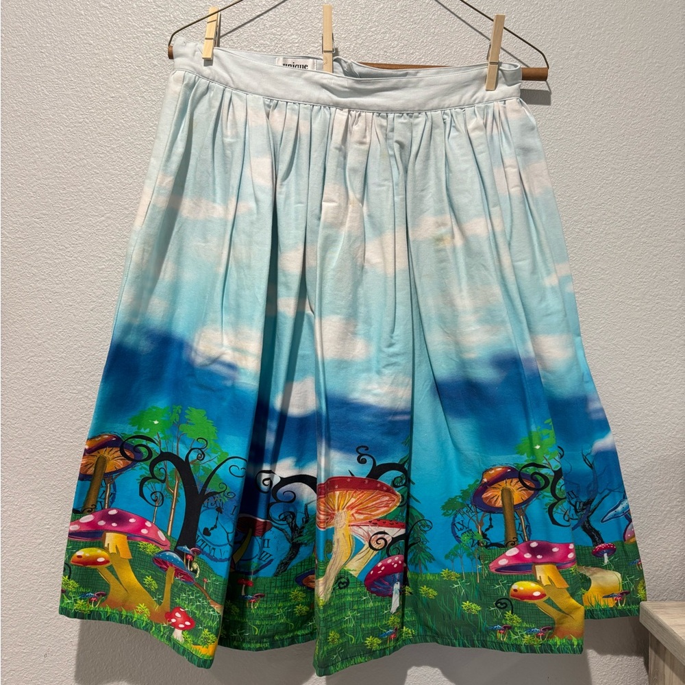 Unique Vintage Alice in Wonderland Mushroom Print Skirt